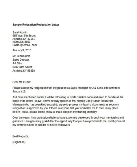 Relocation Resignation Letter Examples
