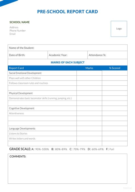 Report Card Template For Preschool