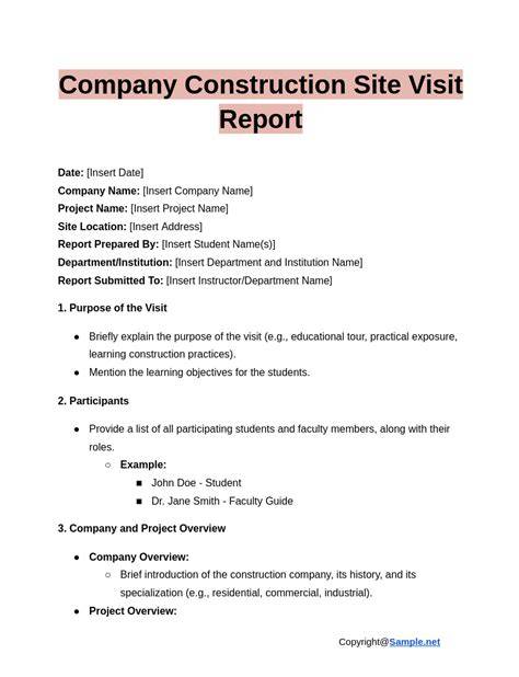 Report Examples Construction Site Sample Visit Format Pdf In Site