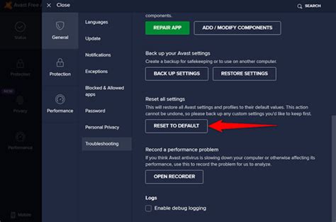 Reset Avast Settings