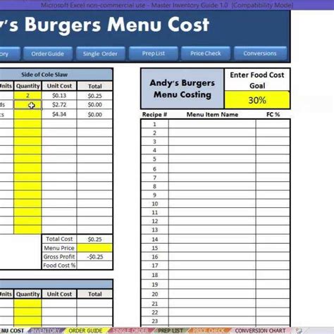 Menu Costing Spreadsheet with Restaurant Excel How To Menu Costing