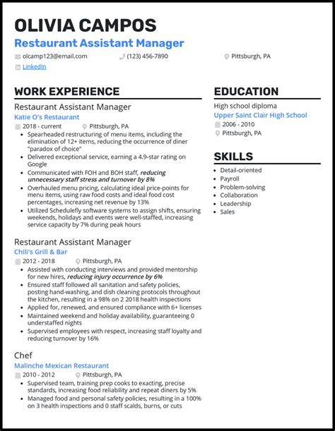 Restaurant Assistant Manager Resume Sample