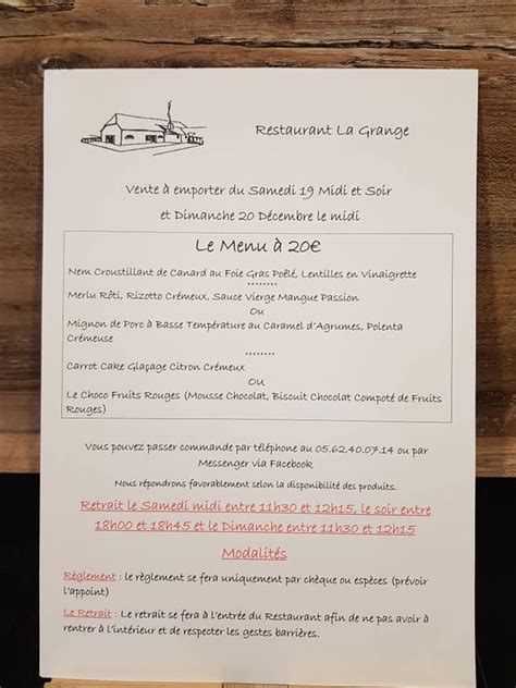 Restaurant La Grange Menu