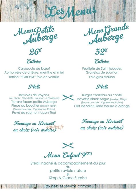 Restaurant La Petite Auberge Menu
