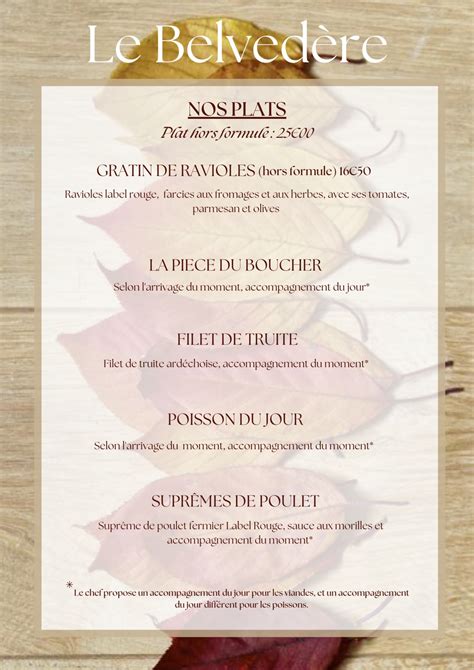 Restaurant Le Belvedere Menu