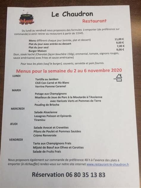 Restaurant Le Chaudron Menu