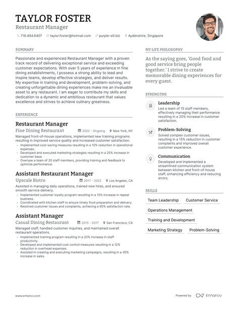 Restaurant Manager One Page Resume