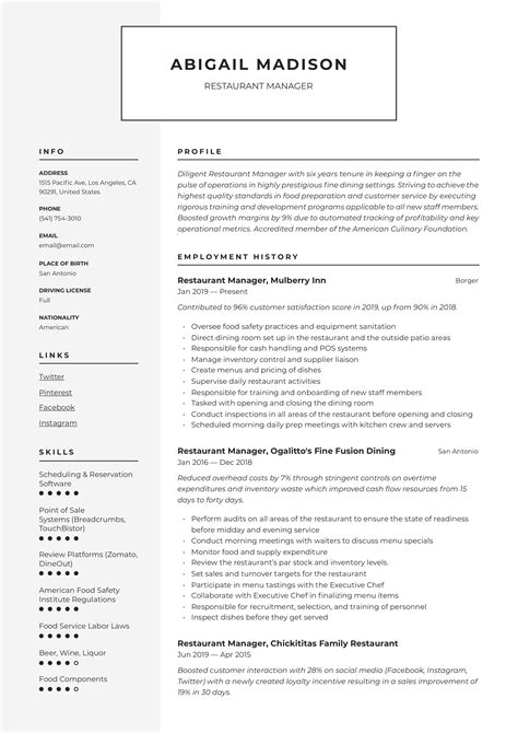 Restaurant Manager Server Resume