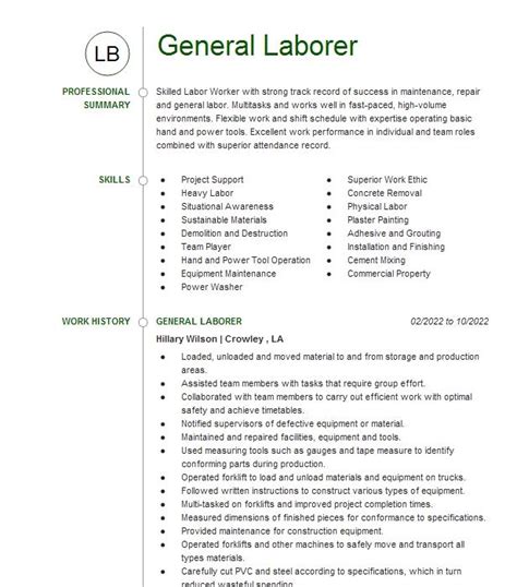 Resume Example For General Laborer