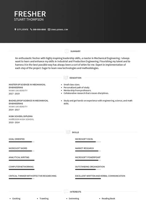 Resume About Me Examples Fresher
