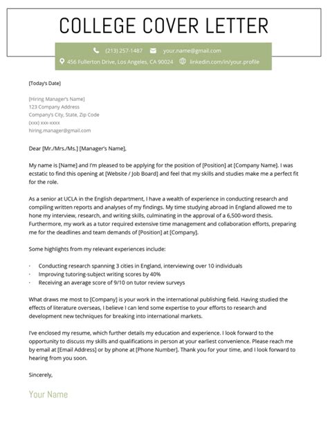 Resume Cover Letter Examples For College Students