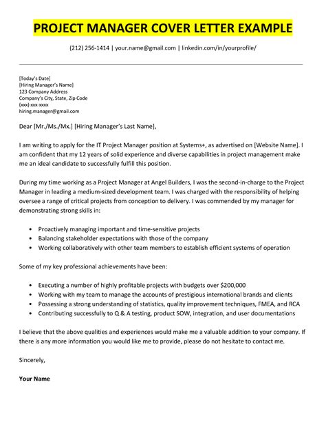 Resume Cover Letter Examples Project Manager