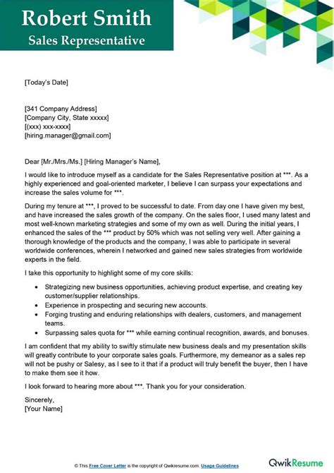 Resume Cover Letter Examples Sales Representative