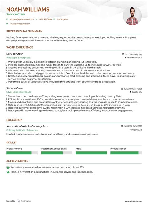 Resume Example For Service Crew