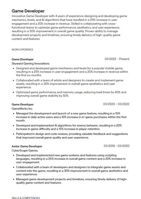 Resume Examples For Game Developer