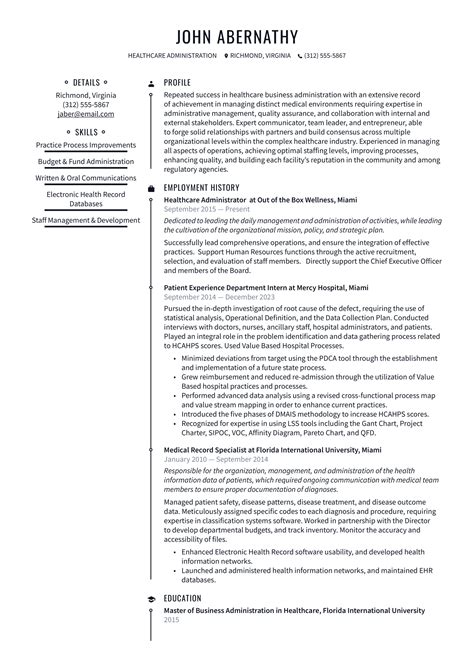 Resume Examples Healthcare Administration