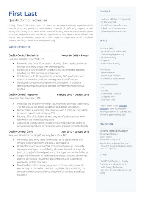 Resume Examples Quality Control