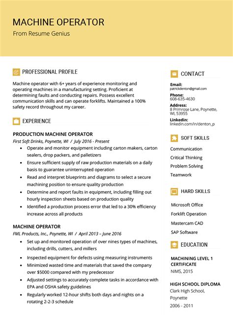 Resume For Machine Operator Sample