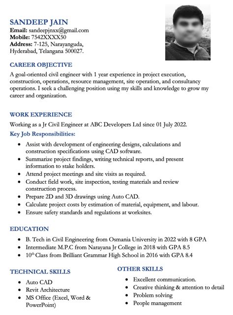 Resume For One Year Experience