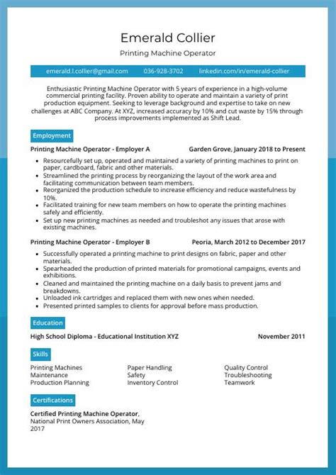 Resume For Printing Company