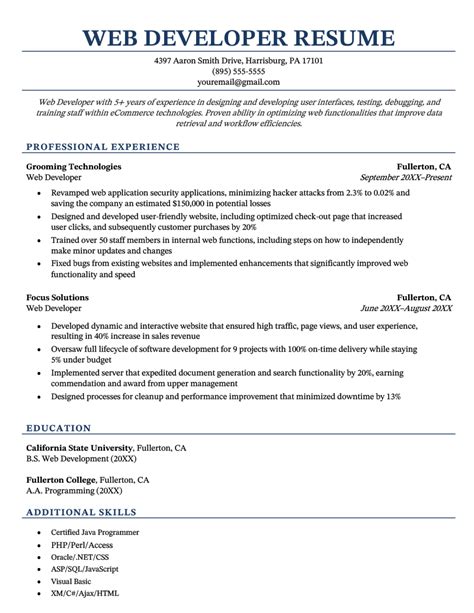 Resume For Web Developer Fresher