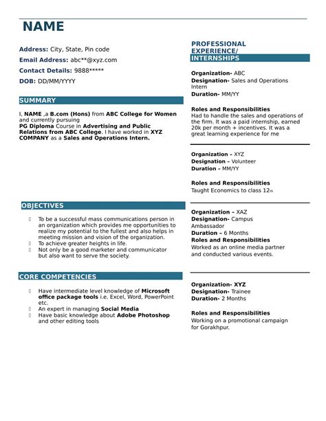 Resume Format For Bcom Graduate
