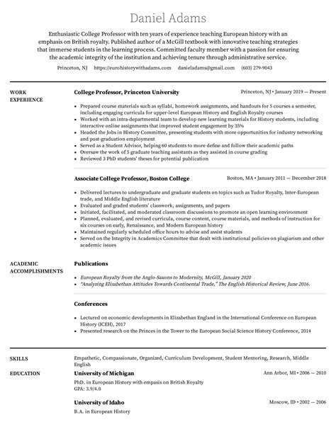 Resume Format For Professor In College