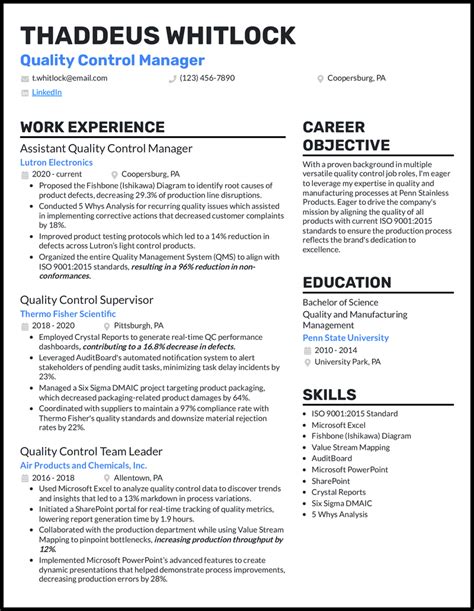 Resume Format Quality Control Manager