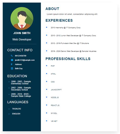 Resume Generator Html Template For Webpage