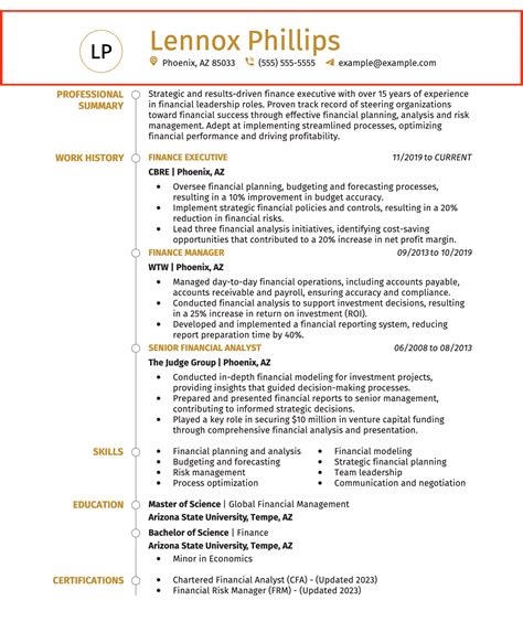 Resume Header Example