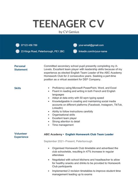 Resume Model For Teenagers