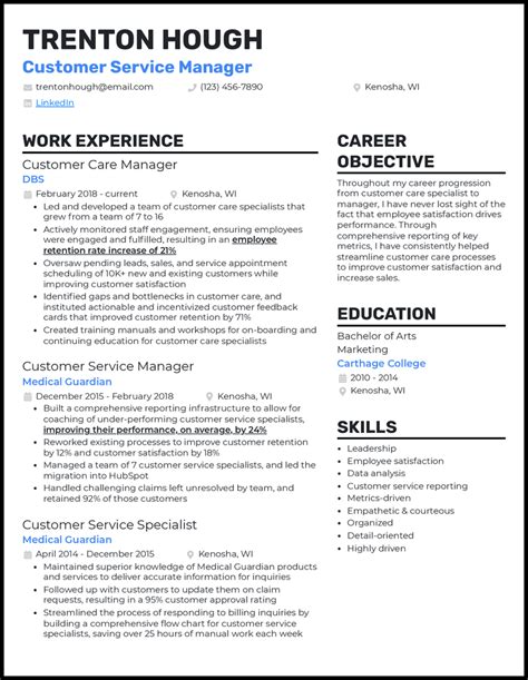 Resume Objective For Customer Service Manager