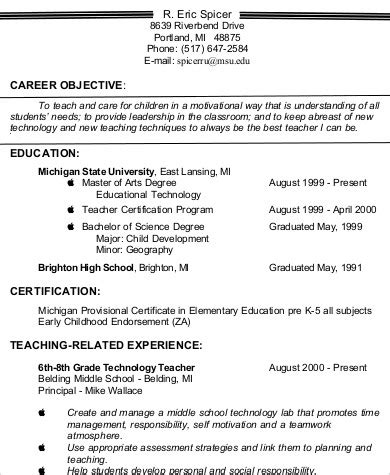 Resume Objective For Teacher