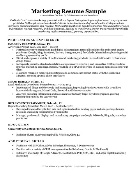 Resume Sample For Marketing Job