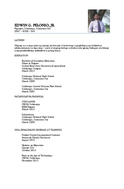 Resume Sample In Tagalog To English