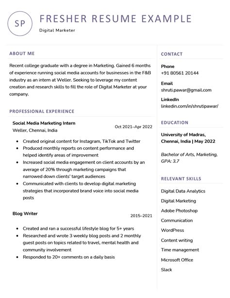Resume Template For Freshers Free