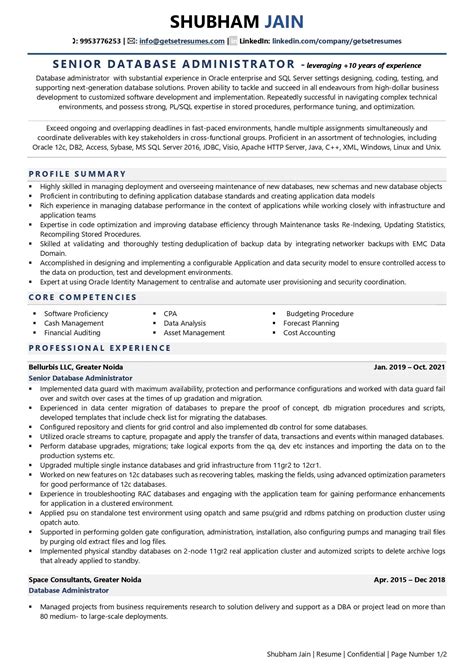 Resume Template For Database Administrator
