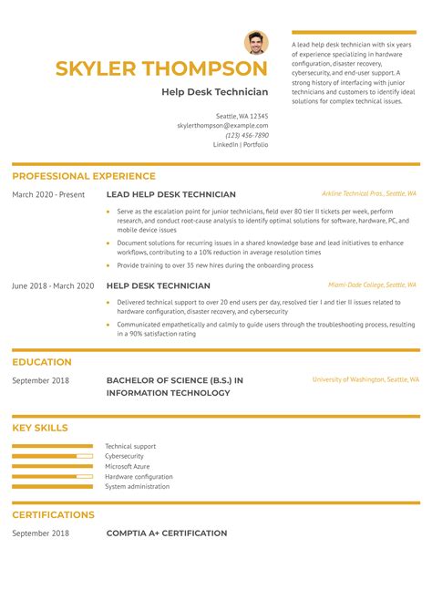 Resume Template For Help Desk Postion