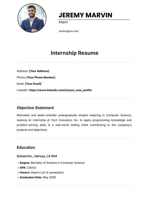 Resume Template For Internship Programing