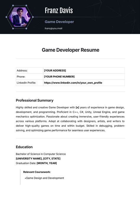 Resume Template For Video Game Developer