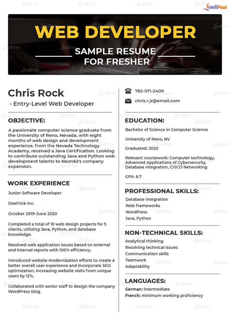Resume Template For Web Developer Fresher