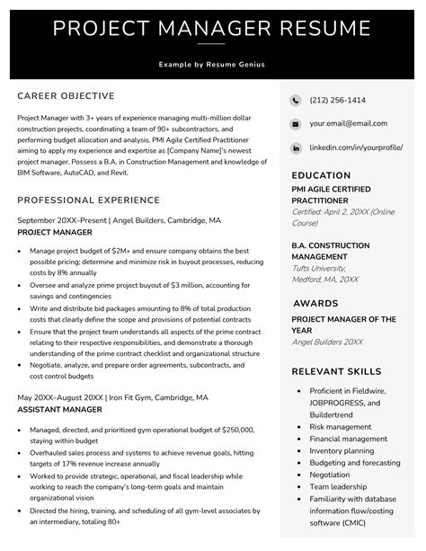 Resume Template Formats Project Manager