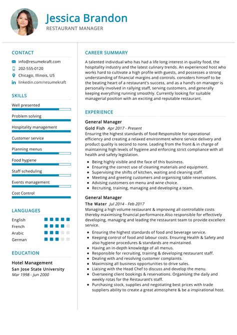Resume Templates Restaurant Manager
