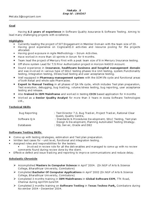 Resume for S Mekala Software Testing 6.5 Years Software Testing
Insurance