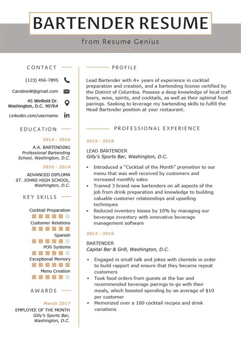 Resumes For Bartender