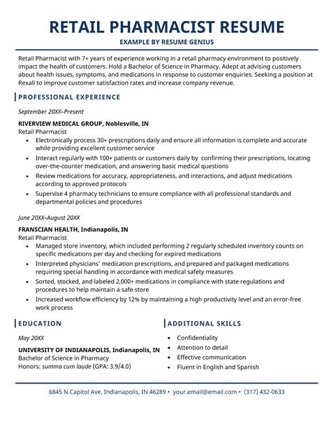 Retail Pharmacist Resume