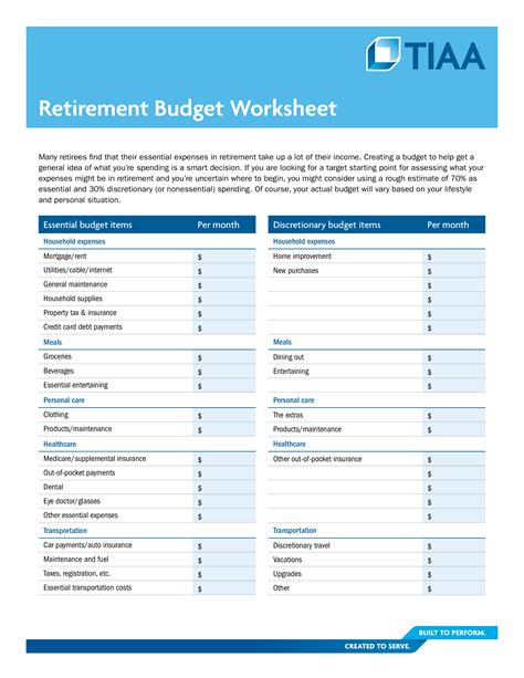 Retirement Budget Worksheet Printable