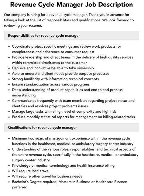 Optimizing Financial Performance: Unlocking the Potential of a Revenue Cycle Manager Job Description