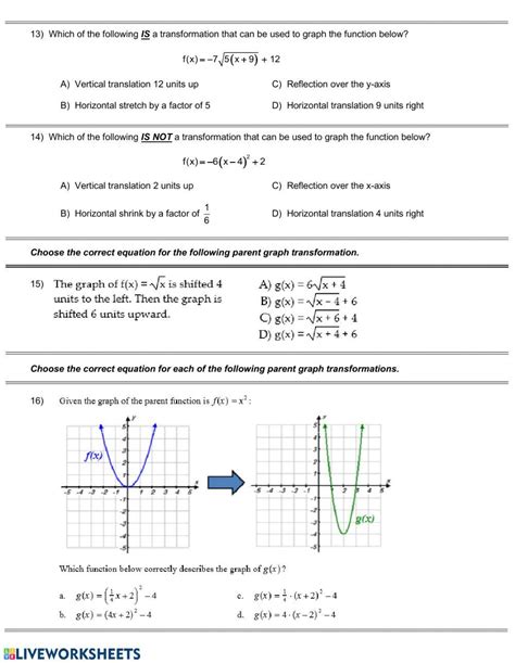 Review - Transformations of Parent Graphs worksheet
