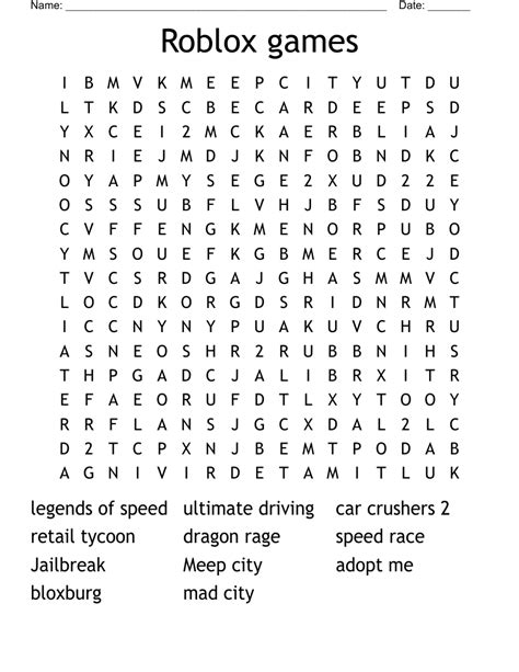 Roblox Games Word Search